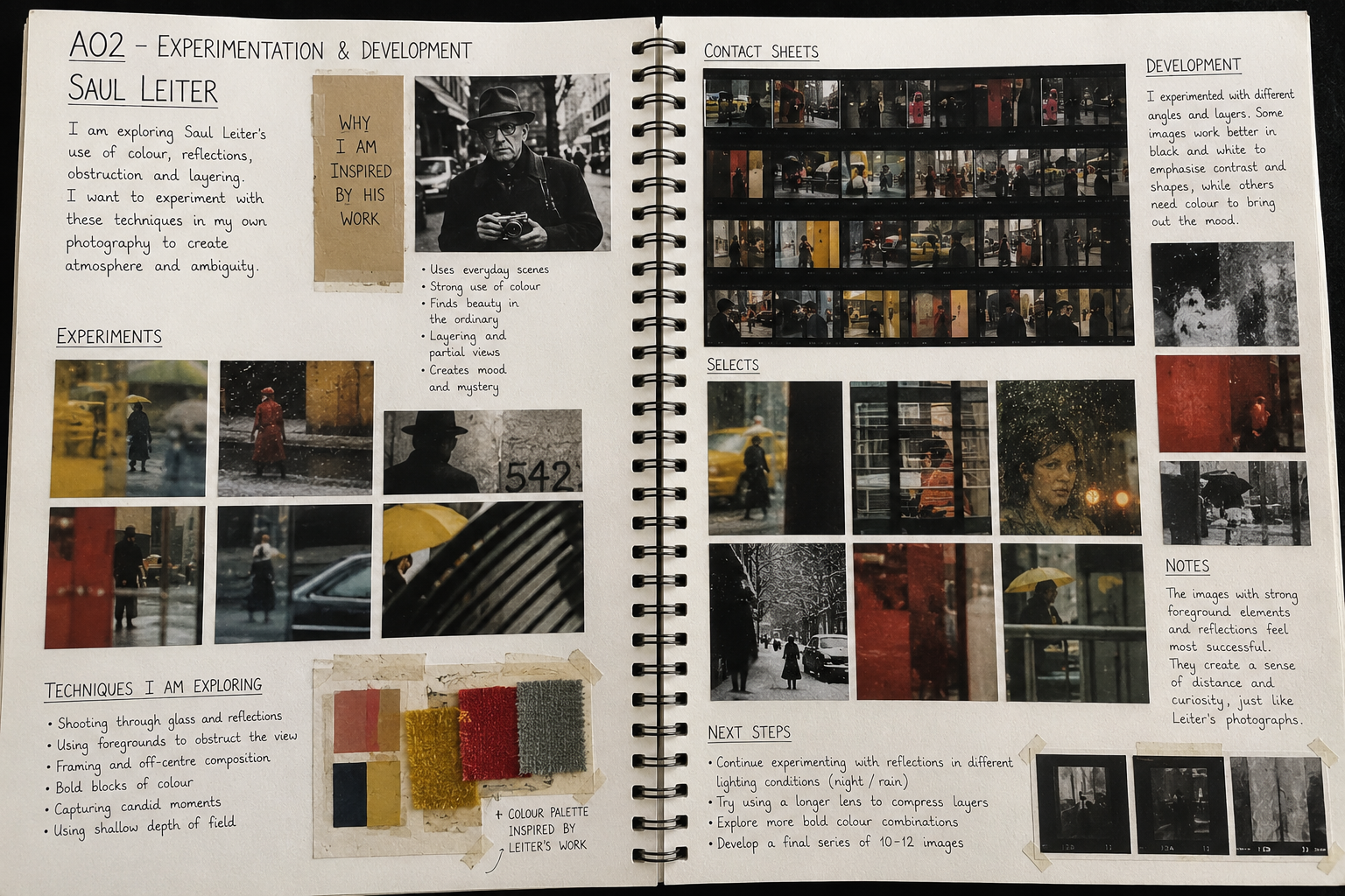 A Level art student's sketchbook showing project development. Looking at the style of Saul Leiter.