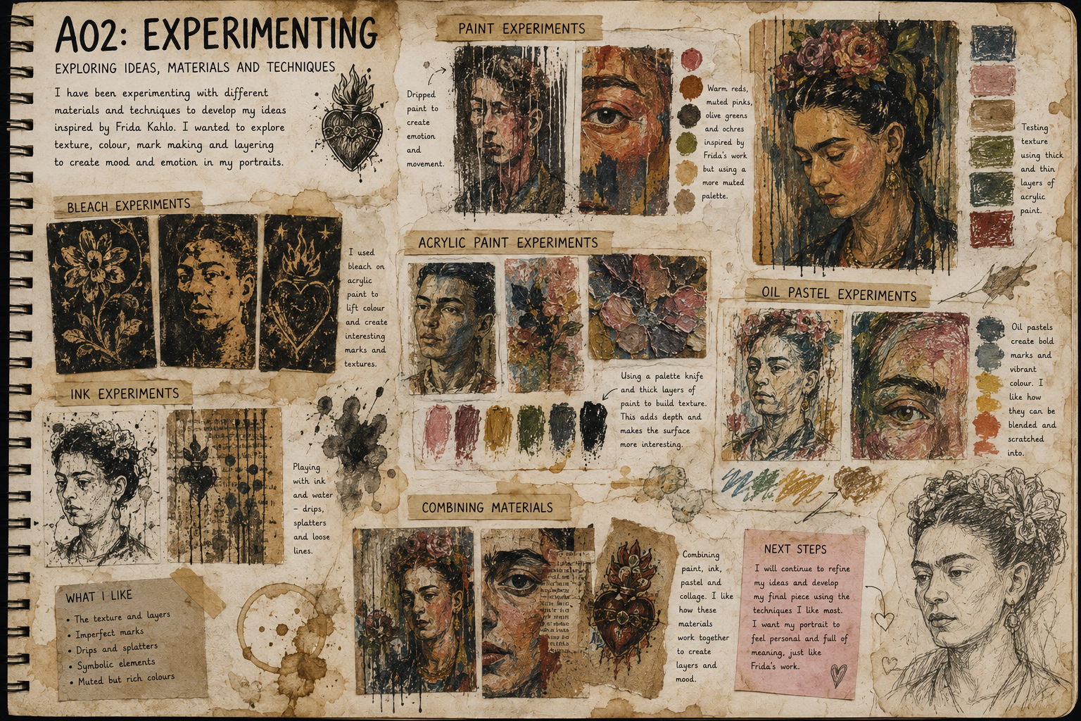Page from student sketchbook showing experimentation with media, tools and techniques based on the work of Frida Kahlo