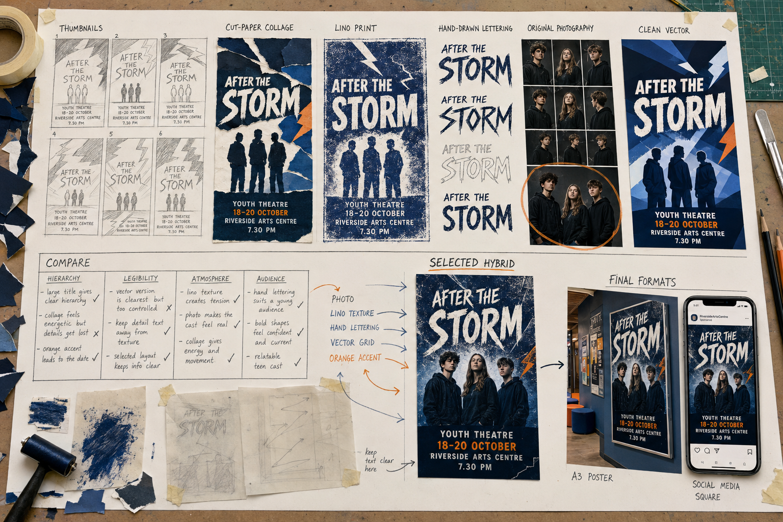 GCSE Graphic Communication sheet showing theatre-poster thumbnails, process experiments, audience feedback and a refined hybrid design.