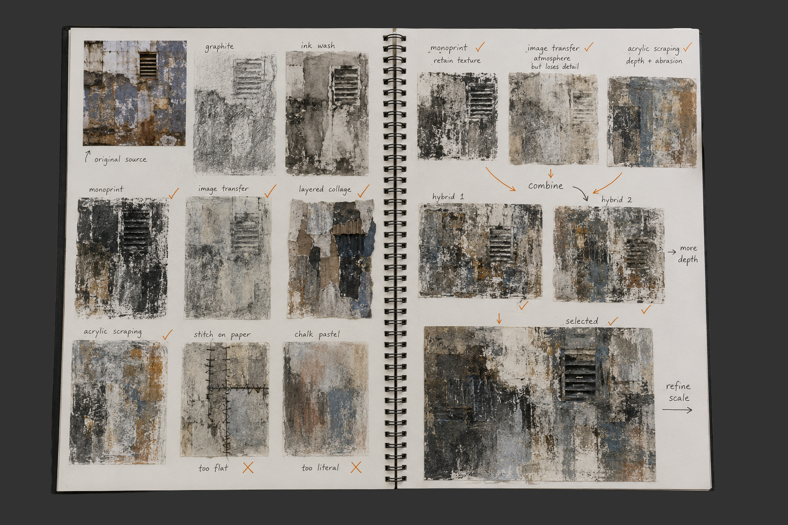 A Level Fine Art sketchbook spread exploring weathered urban surfaces through graphite, ink, monoprint, image transfer, collage, scraping and stitched paper before selecting and refining a mixed-media composition.
