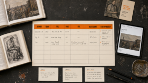 Organised A Level Art research source log recording authors, dates, titles, page numbers, URLs, access dates and how each source was used.