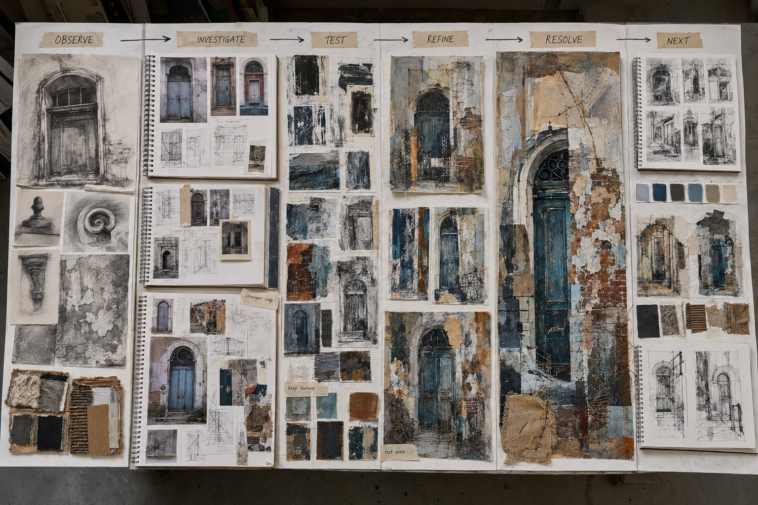 Side-by-side A Level Fine Art sketchbook comparison showing limited pass-level evidence and top-grade evidence through contextual analysis, first-hand recording, purposeful experimentation, critical reflection and refinement.