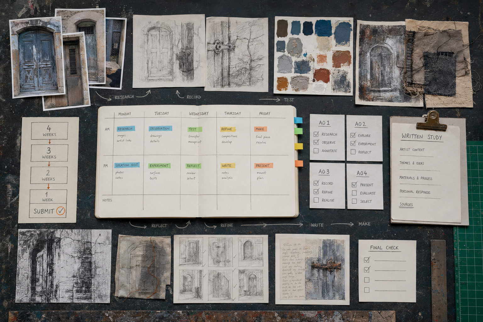 Organised A Level Fine Art workspace showing a labelled sketchbook, first-hand photographs, material tests, project planner, bibliography record, digital folder structure and documented resolved artwork.