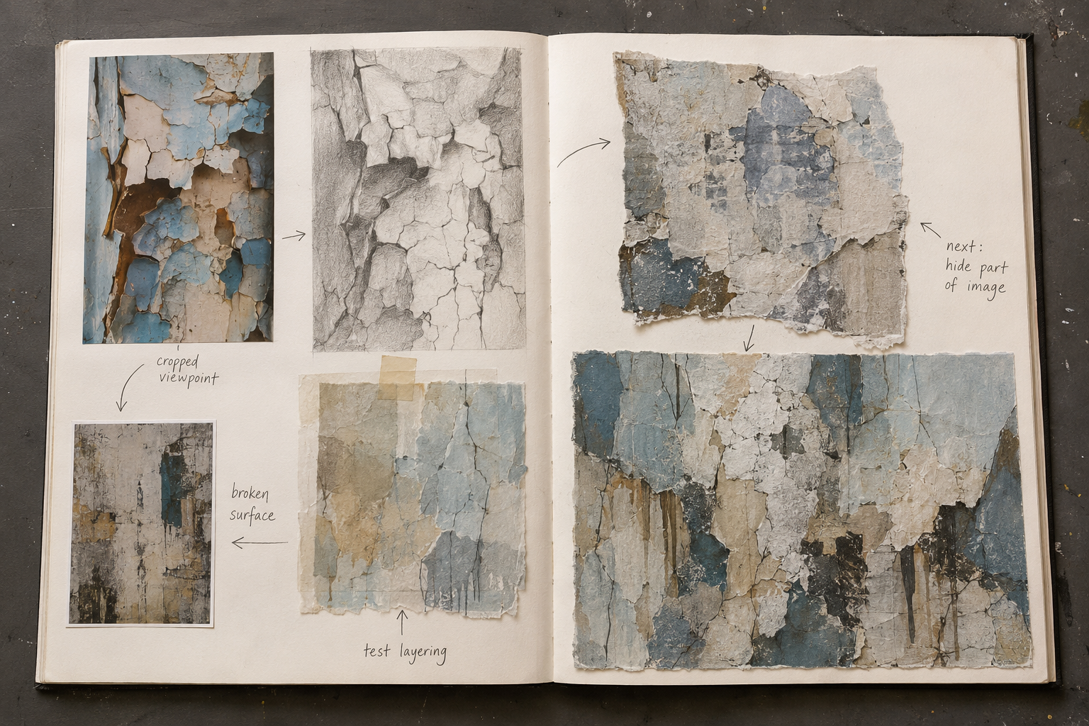 GCSE Art sketchbook sequence showing an original photograph, close observation, contextual source analysis, a practical response and a developed composition.
