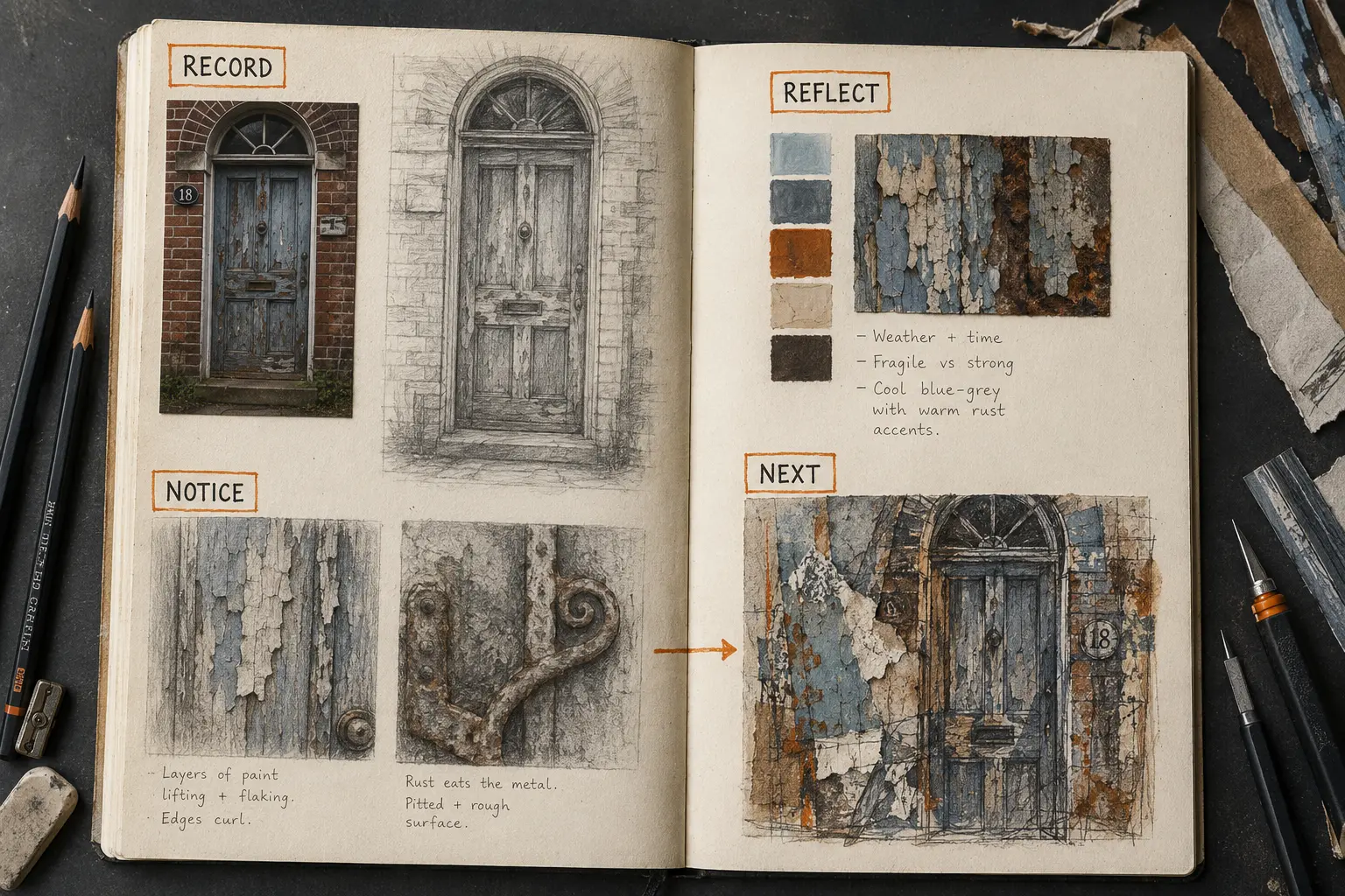 GCSE Art AO3 sketchbook sequence showing first-hand observation, idea recording, visual analysis, reflection and a clearly connected next step.