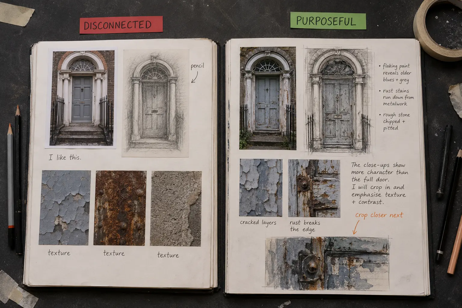 Side-by-side GCSE Art sketchbook comparison showing disconnected copied imagery and descriptive notes beside purposeful first-hand recording, visual analysis and a clear next decision.
