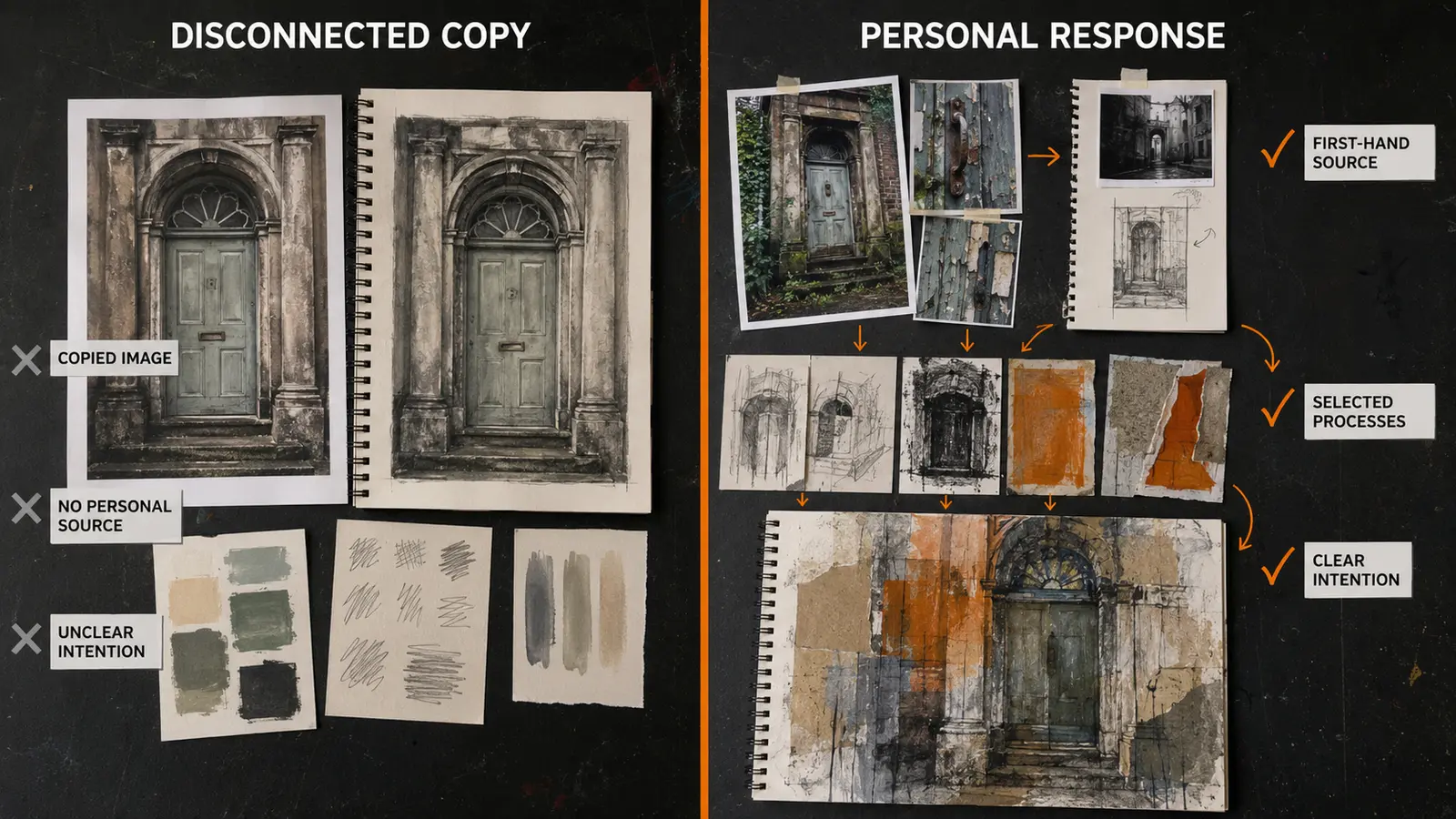 Side-by-side GCSE Art AO4 comparison showing a disconnected artist-copy outcome beside a personal response developed from first-hand sources, selected processes and clear intentions.