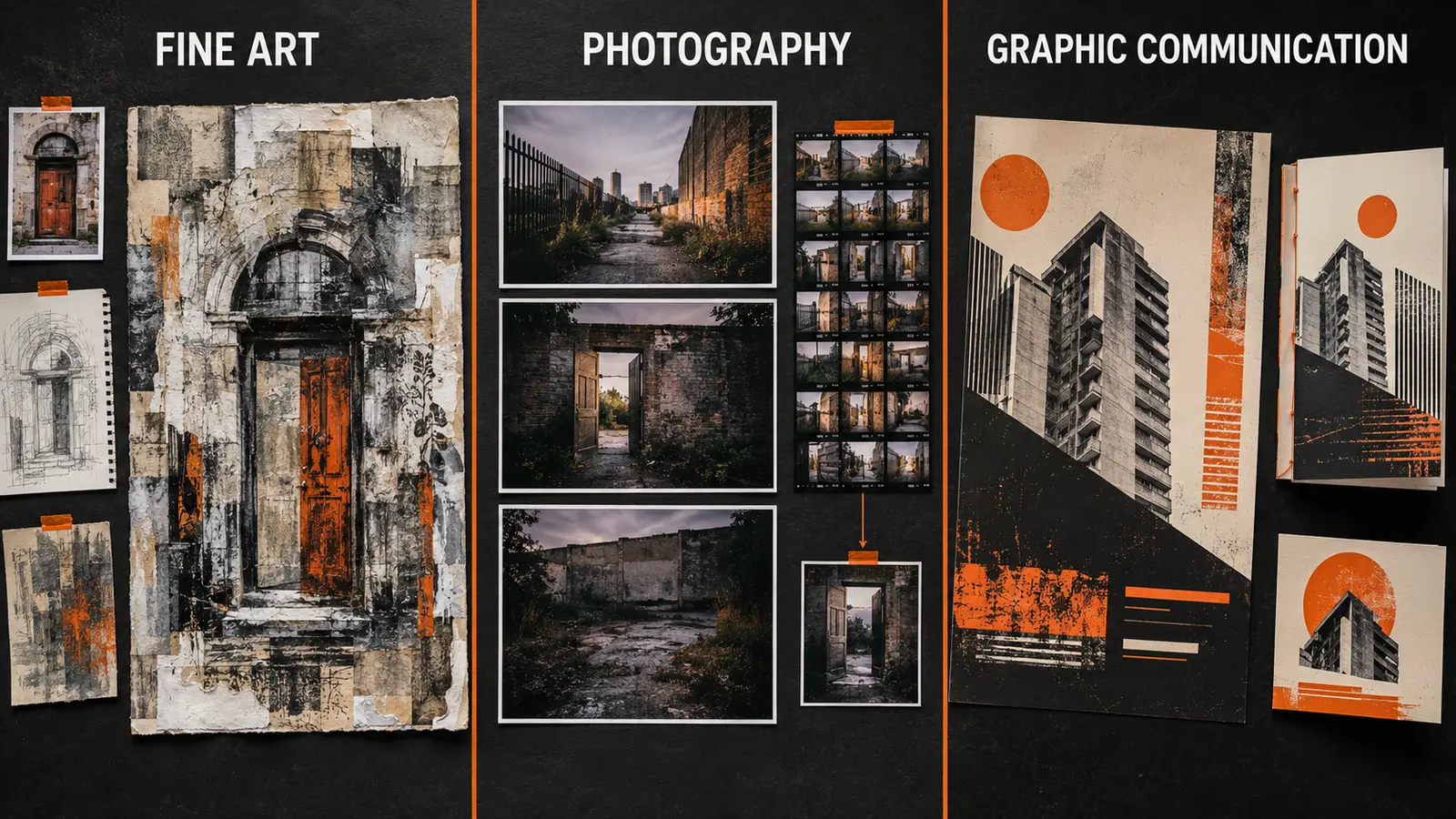 Three-panel GCSE Art AO4 example showing personal and meaningful realised responses in Fine Art, Photography and Graphic Communication.
