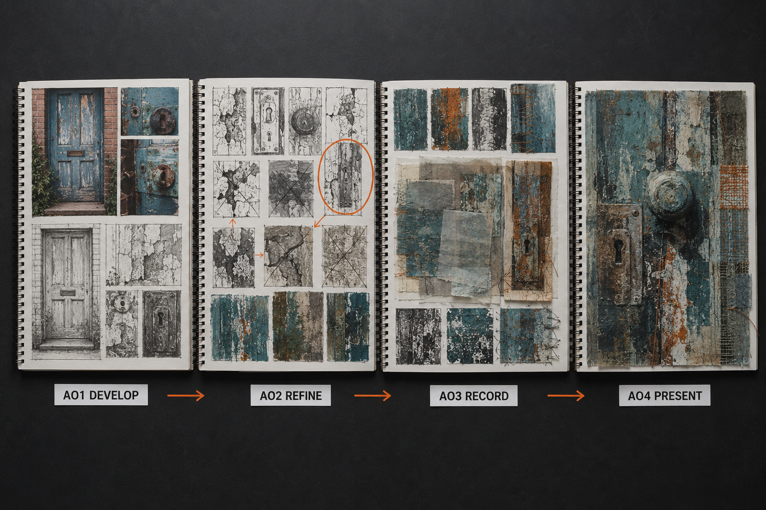 GCSE Fine Art project showing first-hand photographs, artist-informed investigation, material experiments, selection, refinement and a resolved response connected across AO1, AO2, AO3 and AO4.