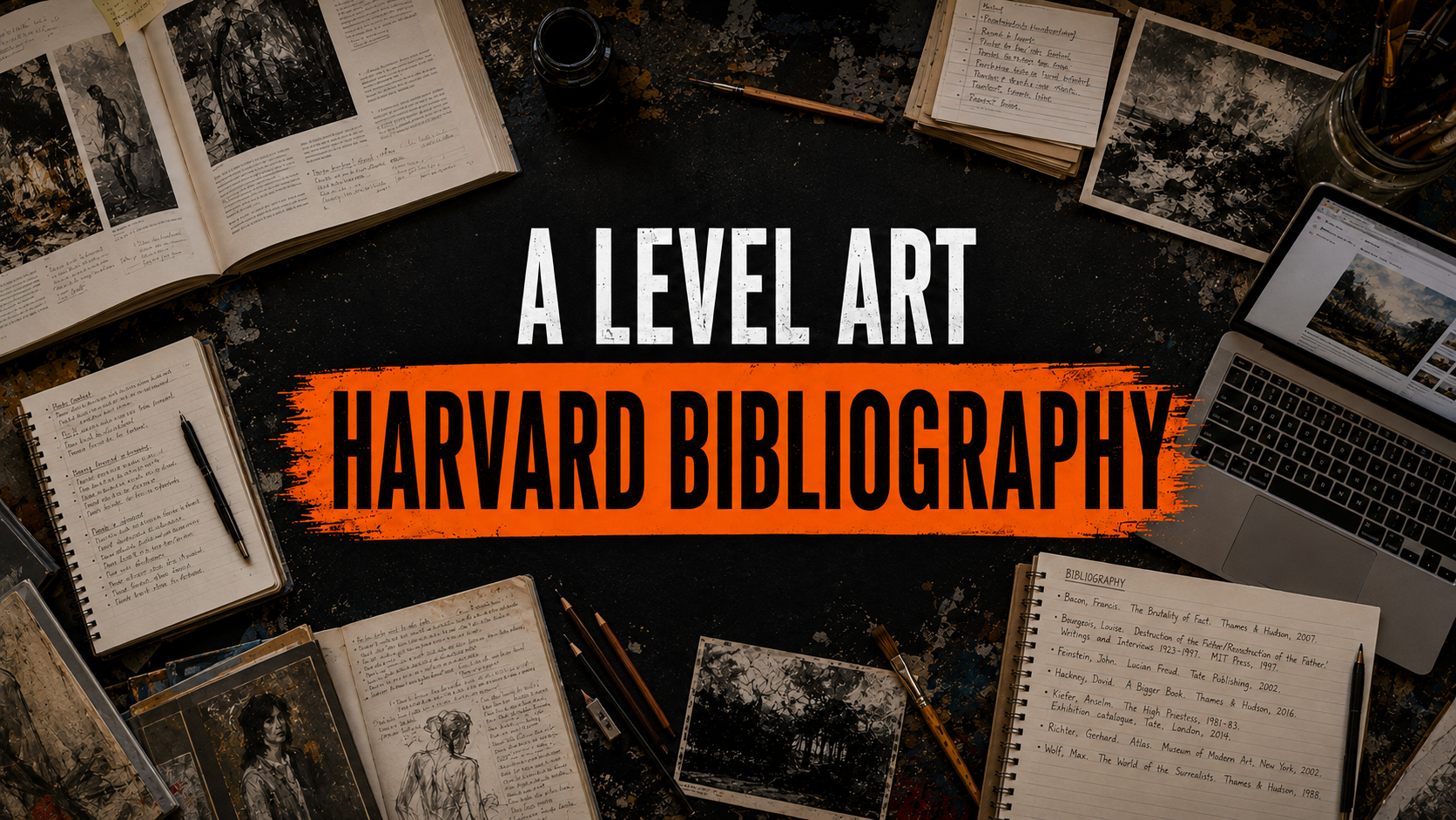 A Level Art research desk showing books, gallery sources, citation notes and a completed Harvard bibliography.