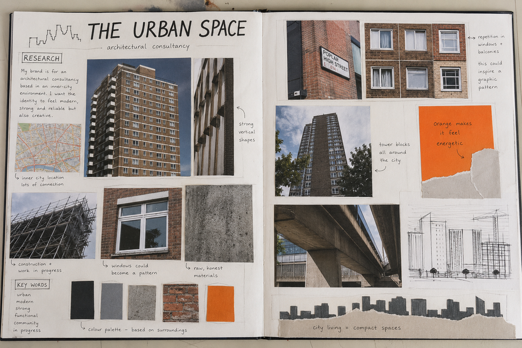 GCSE Graphic Communication sketchbook research and mood board for The Urban Space, with inner-city architecture photographs, material samples and student annotations.