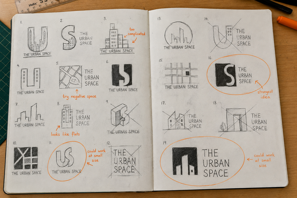 GCSE student sketchbook spread containing rough logo thumbnail sketches for The Urban Space with circles, crossed-out ideas and annotations.