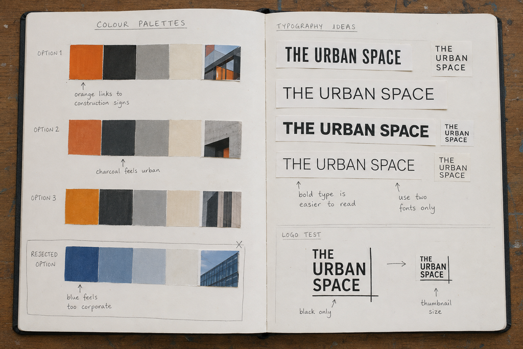 GCSE Graphic Communication sketchbook colour palette and sans-serif typography tests for The Urban Space corporate identity.