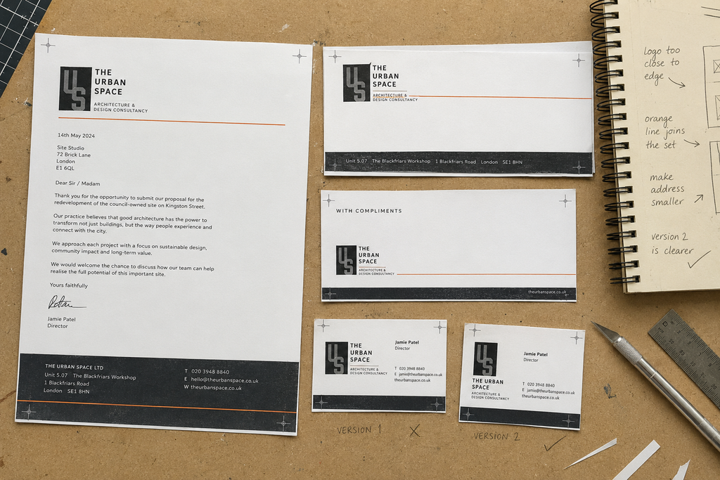 Student-designed stationery set for The Urban Space showing letterhead, envelope, compliment slip, business-card variations and evaluative notes.