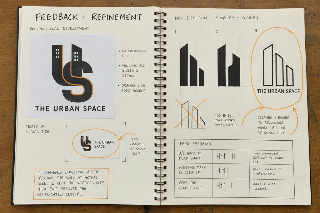 GCSE sketchbook feedback and logo refinement page comparing an interlocking U and S monogram with a simplified building symbol.