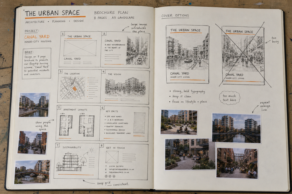 GCSE Graphic Communication sketchbook flatplan for an eight-page Canal Yard architecture brochure with cover ideas and annotations.