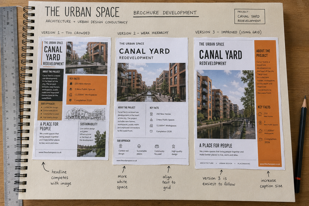  Three GCSE Graphic Communication brochure layout variations for Canal Yard, annotated to compare crowding, hierarchy, white space and grid alignment. 