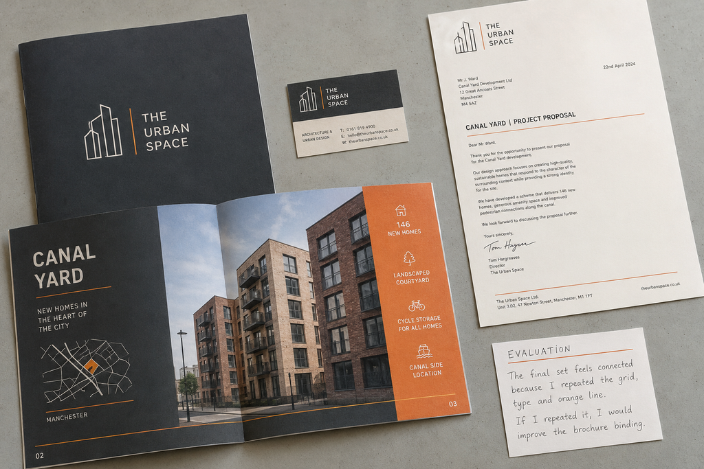 Final GCSE Graphic Communication corporate identity for The Urban Space, including logo, stationery and Canal Yard architecture brochure.