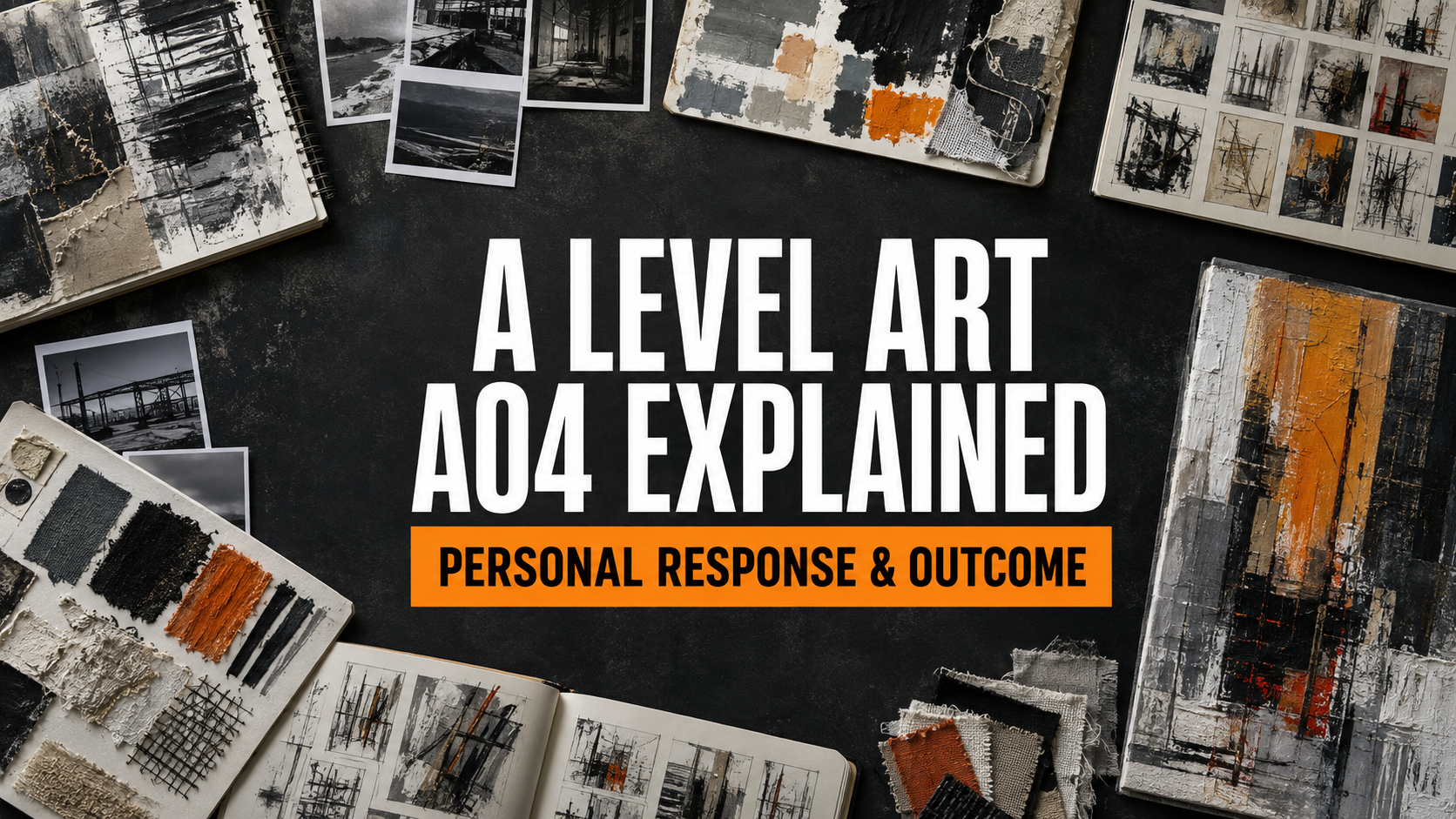 A Level Art AO4 explained social image showing photographs, sketchbook development, experiments and a resolved personal response.