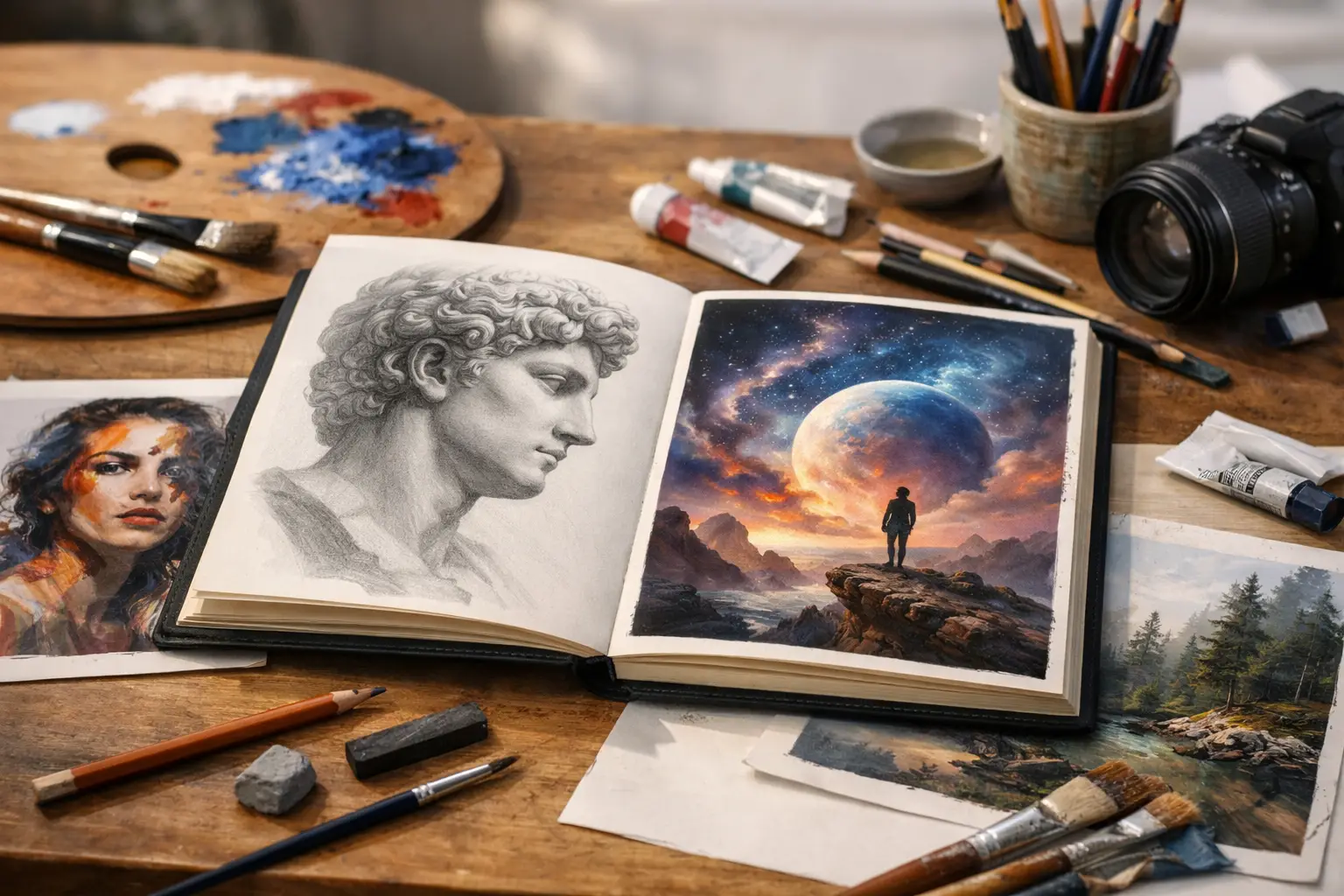 Art desk with portrait and classical sculpture studies, a surreal landscape image, camera and painting materials