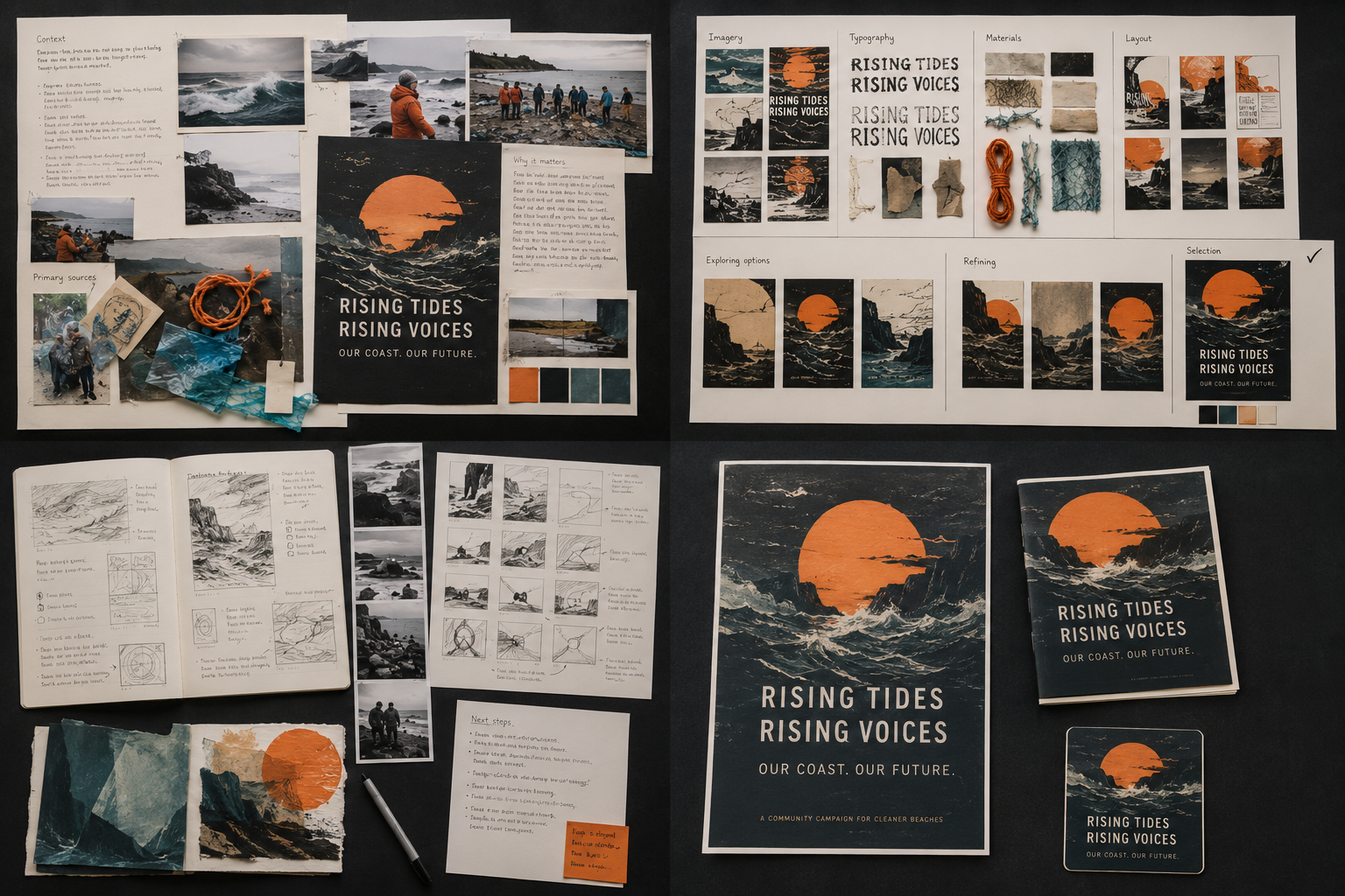 A Level Graphic Communication coastal campaign showing primary research, sketchbook development and Rising Tides Rising Voices poster outcomes