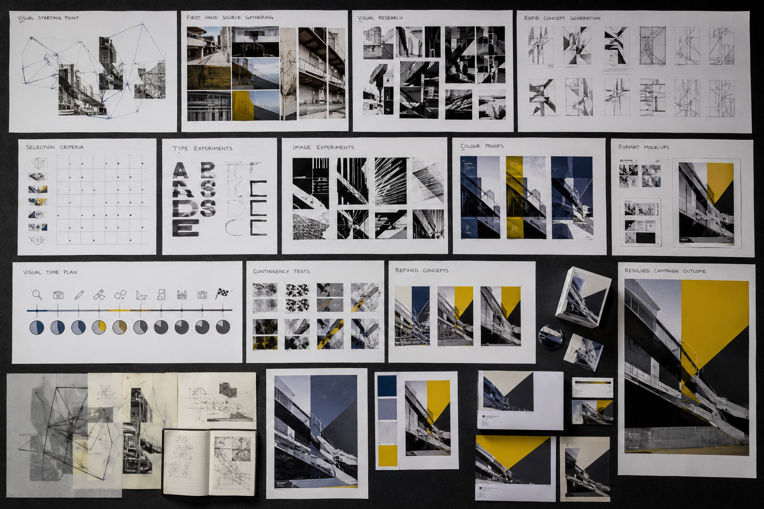 A Level Graphic Communication project board showing architectural research, typography experiments and a yellow-and-black campaign outcome