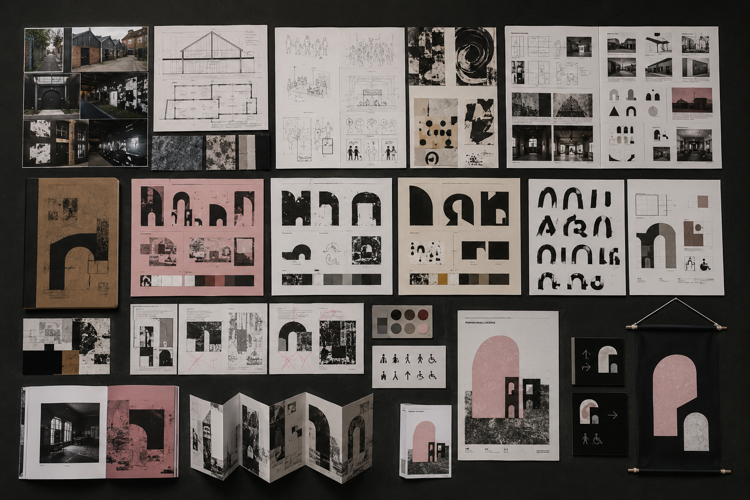 A Level Graphic Communication portfolio showing architectural research, arch-shaped branding, wayfinding symbols and exhibition design outcomes