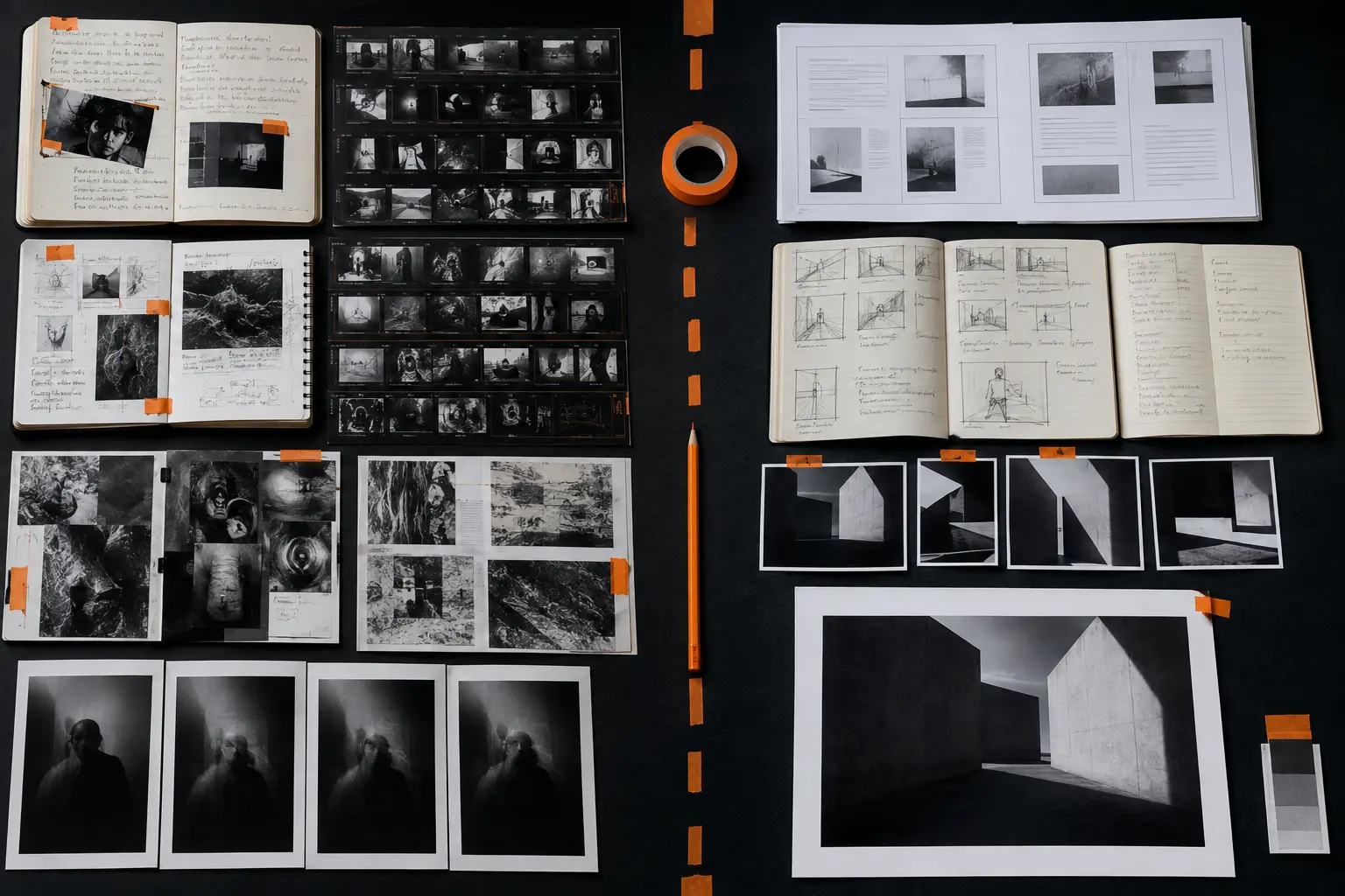 A Level Photography portfolio showing sketchbooks, contact sheets, environmental portraiture and architectural studies