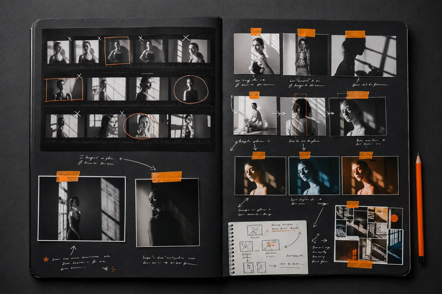 A Level Photography portrait project showing contact-sheet selection, lighting tests, colour experiments and refined studio photographs