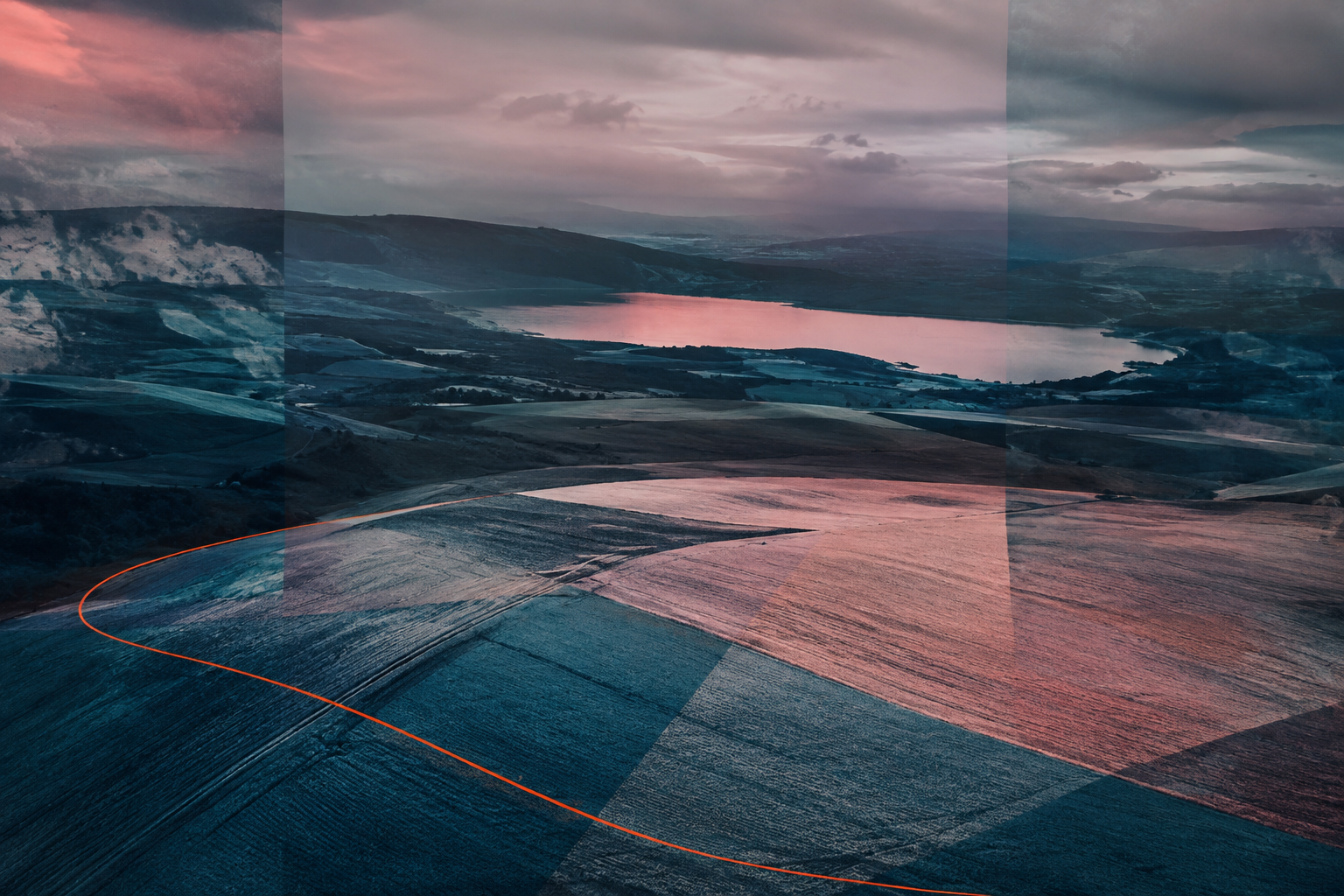 Experimental landscape photograph using false colour, translucent overlays and a drawn orange contour.