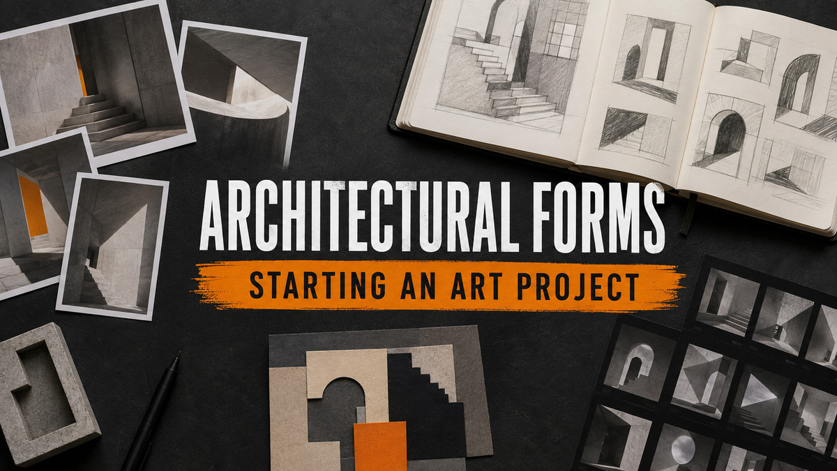 Architectural photographs, sketchbook studies and a contact sheet arranged around the title Architectural Forms: Starting an Art Project.