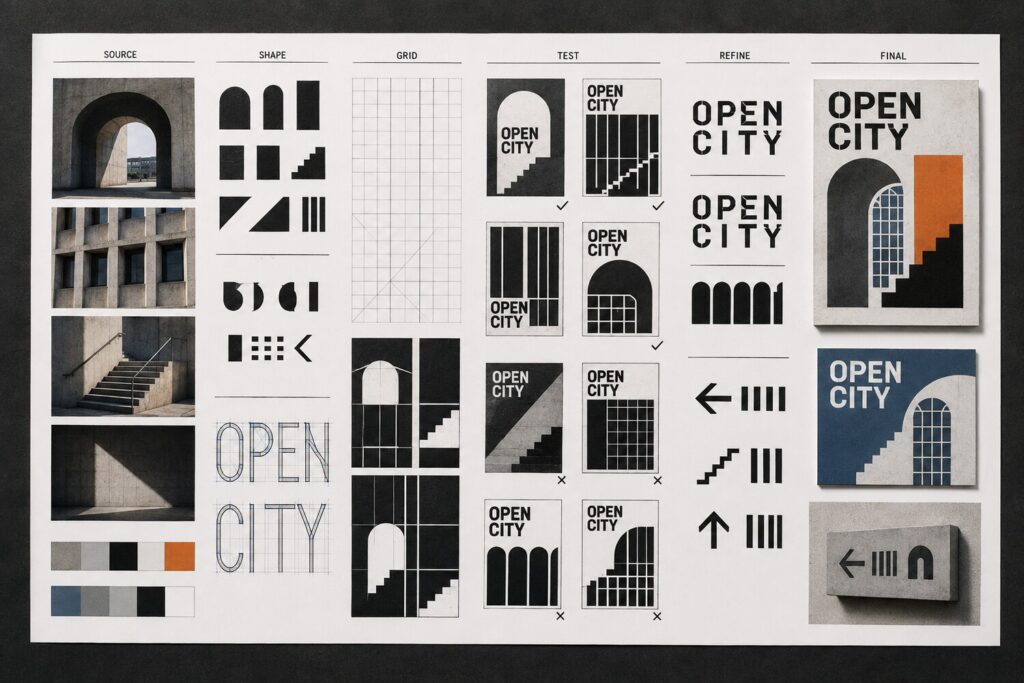 Graphic Communication development sheet using original architectural photographs to create shapes, a grid, poster tests, custom lettering, a social tile and a wayfinding sign.
