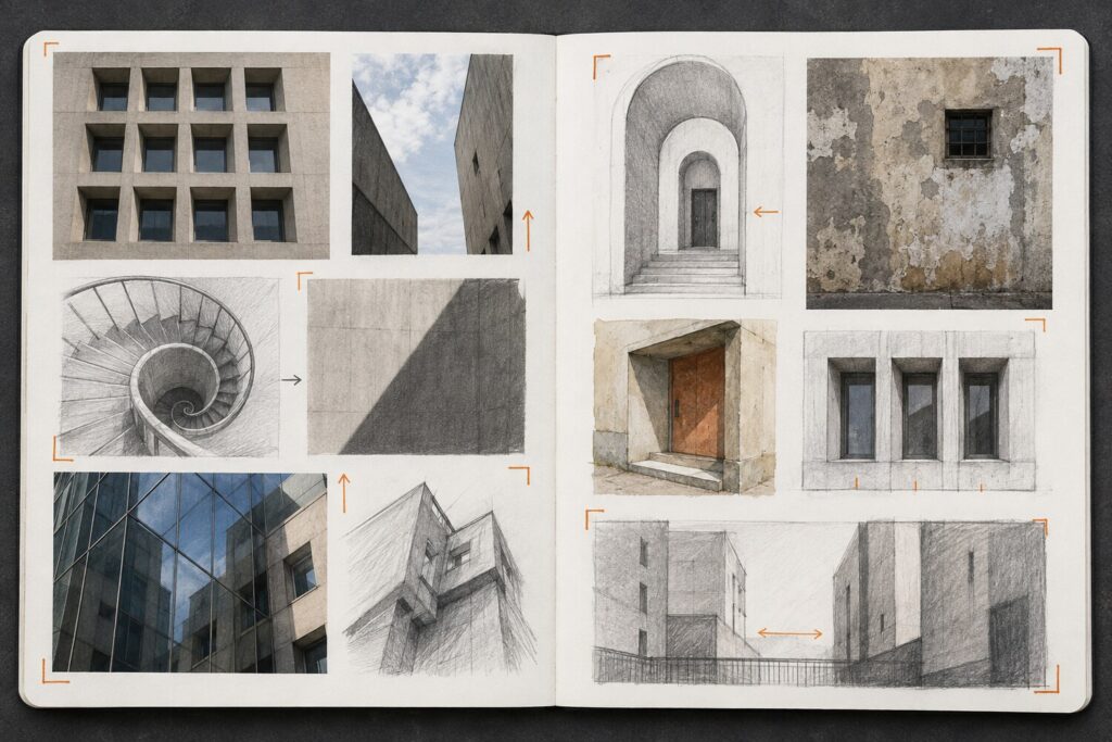 Architectural forms sketchbook spread combining original photographs and drawings of windows, stairs, arches, reflections, shadows and weathered surfaces.