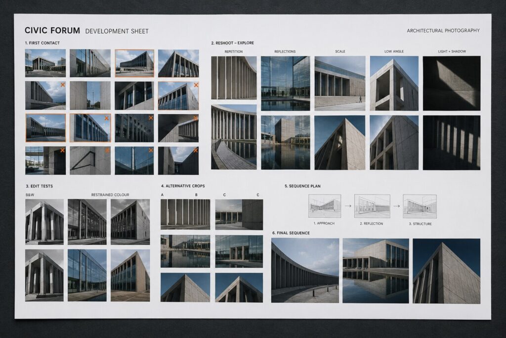 Architectural photographs, sketchbook studies and a contact sheet arranged around the title Architectural Forms: Starting an Art Project.