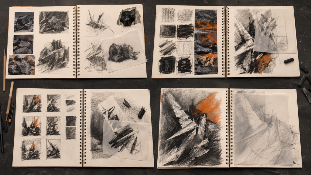 Four connected Art sketchbook pages showing original recording, artist research, experiments and a refined personal response plan