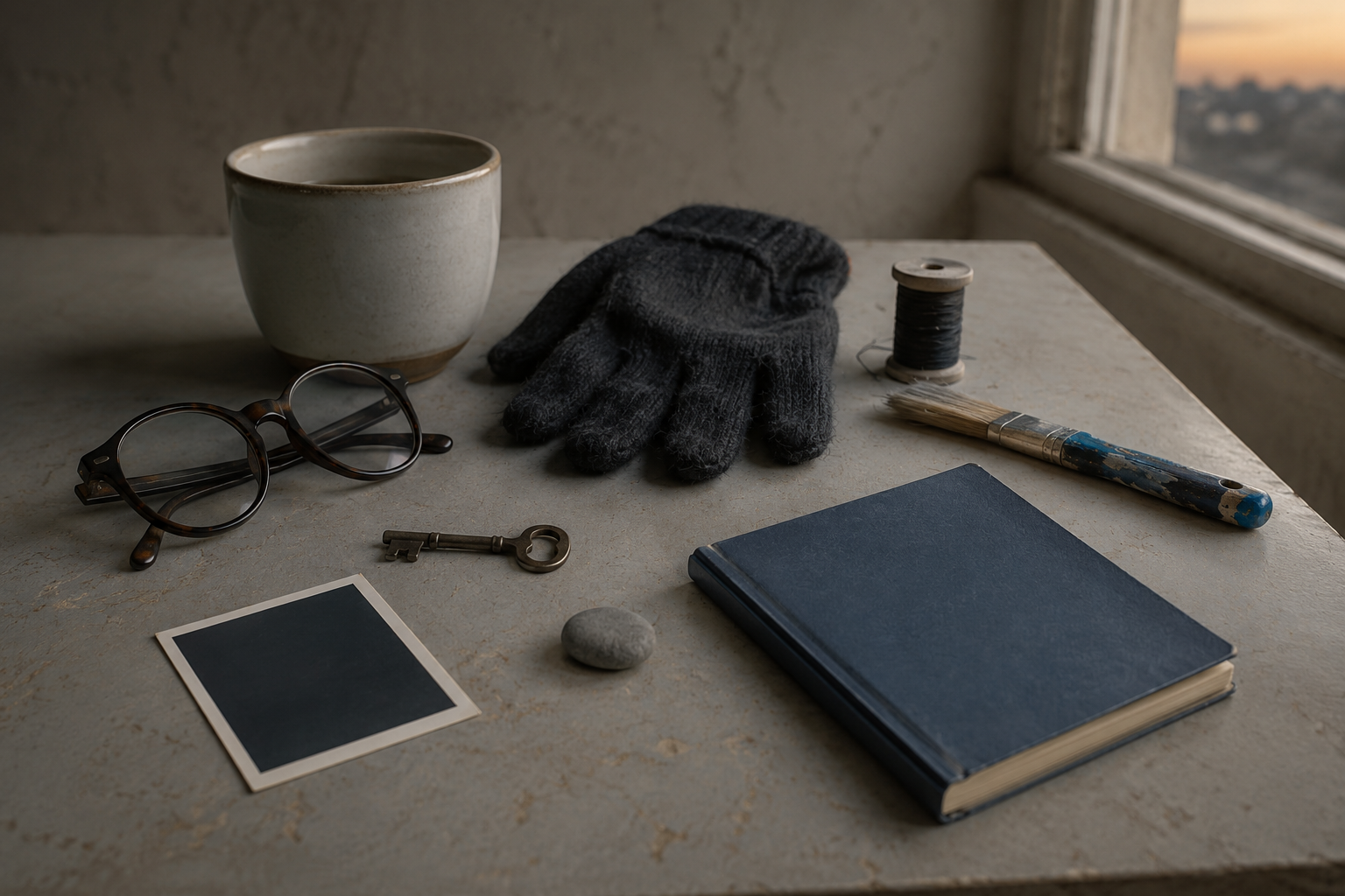 Everyday belongings arranged to suggest an absent person through use, wear, spacing and association.