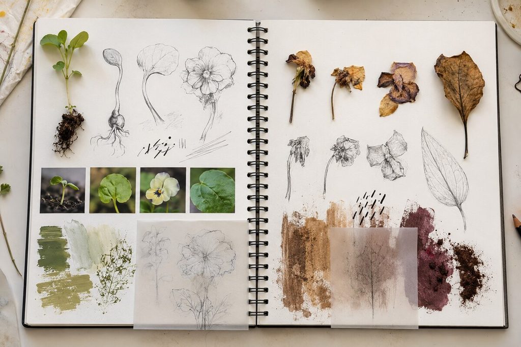 GCSE Fine Art sketchbook ideas recording plant growth and decay through drawing, photography and material experiments
