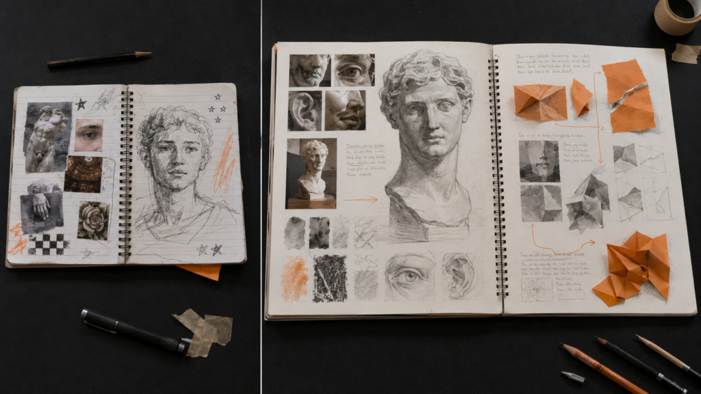 Comparison of purposeful GCSE Art sketchbook evidence and a more sustained independent A Level Art sketchbook investigation