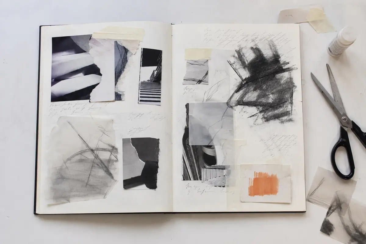 GCSE and A Level Art sketchbook showing physical collage experiments with photographs, drawing and tracing paper