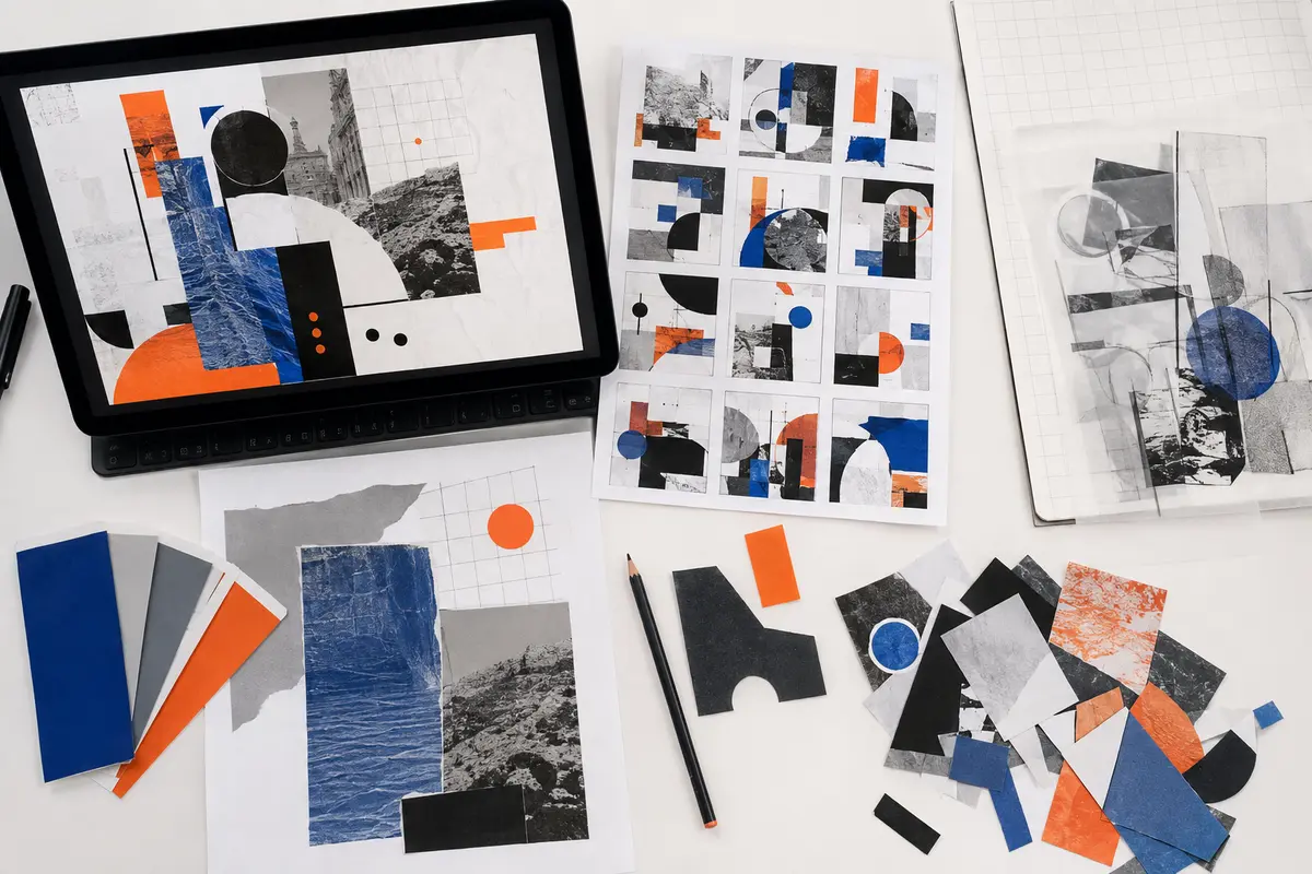 Graphic Communication workspace showing digital collage, printed thumbnails, grids and tracing-paper variations