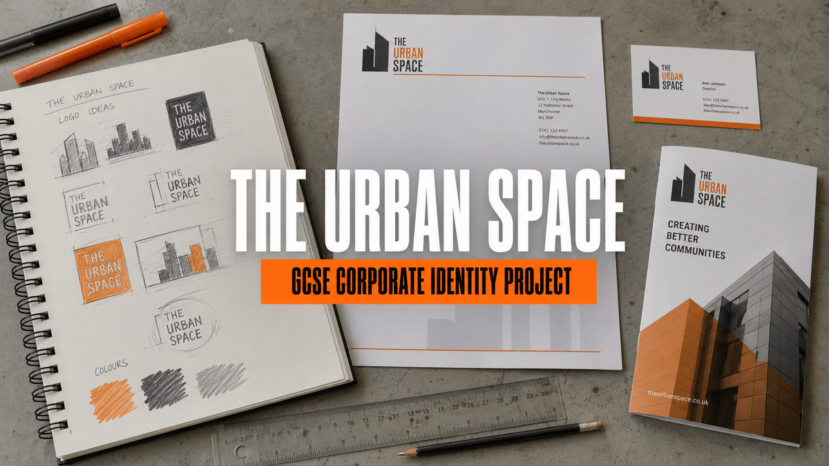 GCSE Graphic Communication corporate identity project for The Urban Space, showing logo sketches, stationery and an architectural brochure.