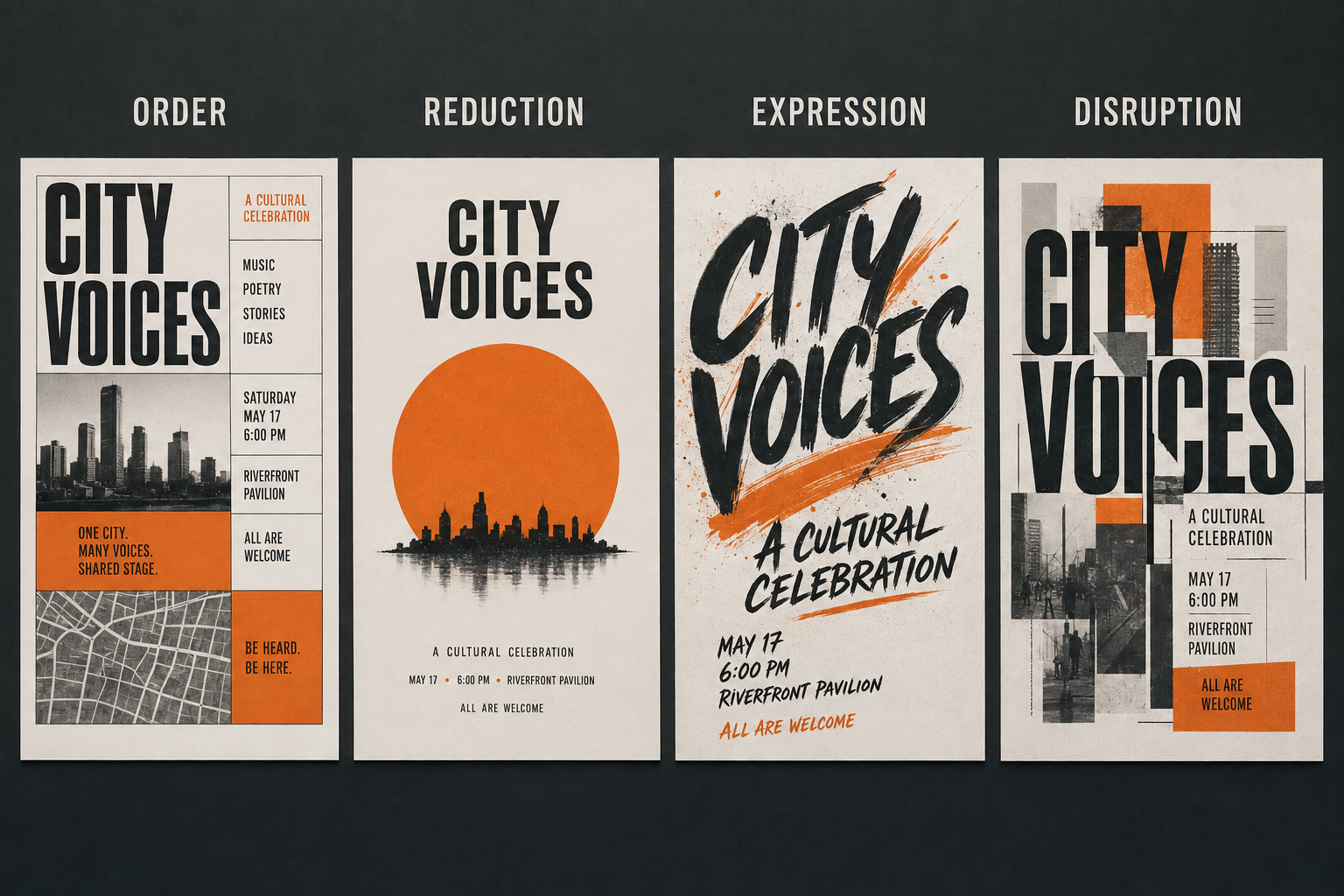 Four original City Voices posters comparing order, reduction, expressive typography and controlled disruption as approaches to visual hierarchy.