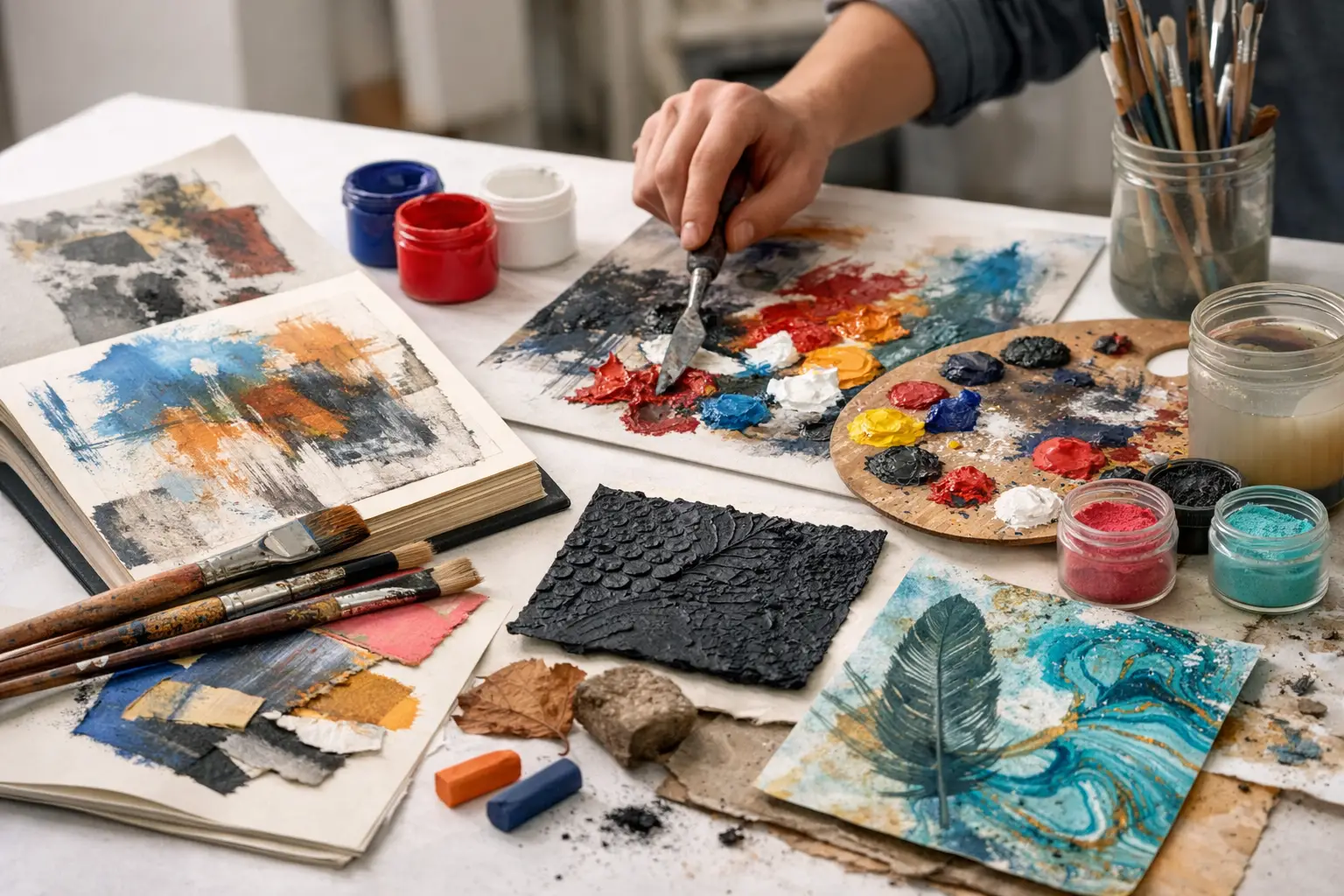 Student combining paint, print, collage and textured materials across experimental sketchbook pages