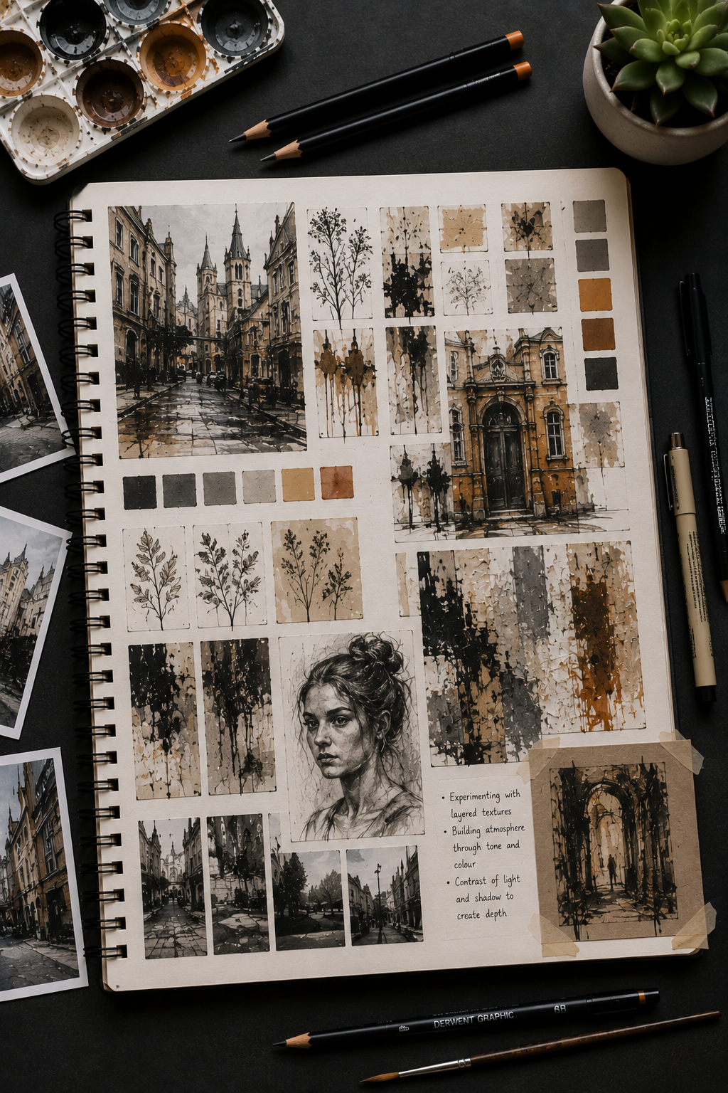 GCSE Art sketchbook showing observational drawing, artist research, tonal studies and annotation
