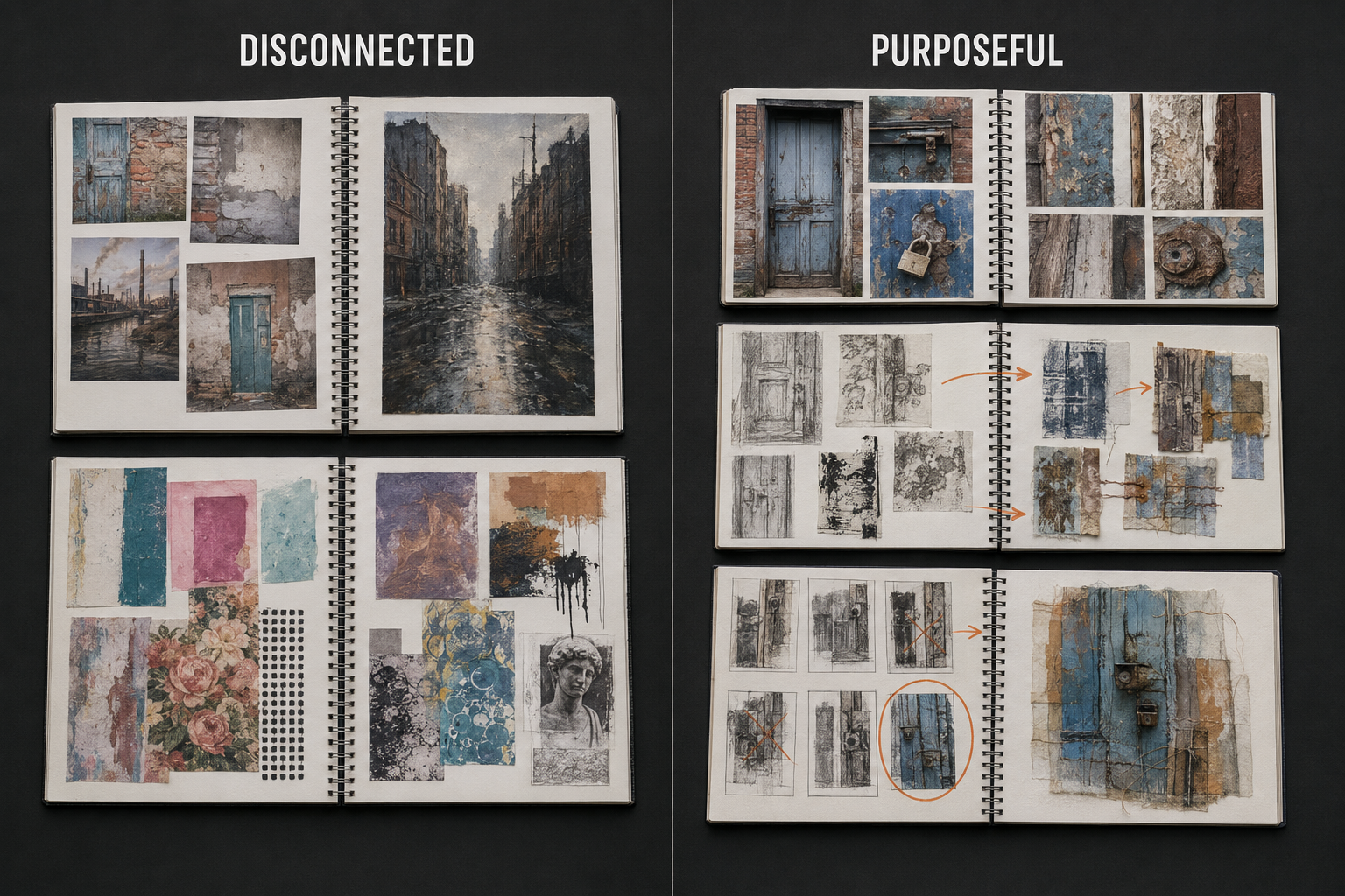 Side-by-side GCSE Fine Art portfolio comparison showing disconnected copied research and random experiments beside first-hand sources, purposeful investigation, selection, refinement and a personal response.