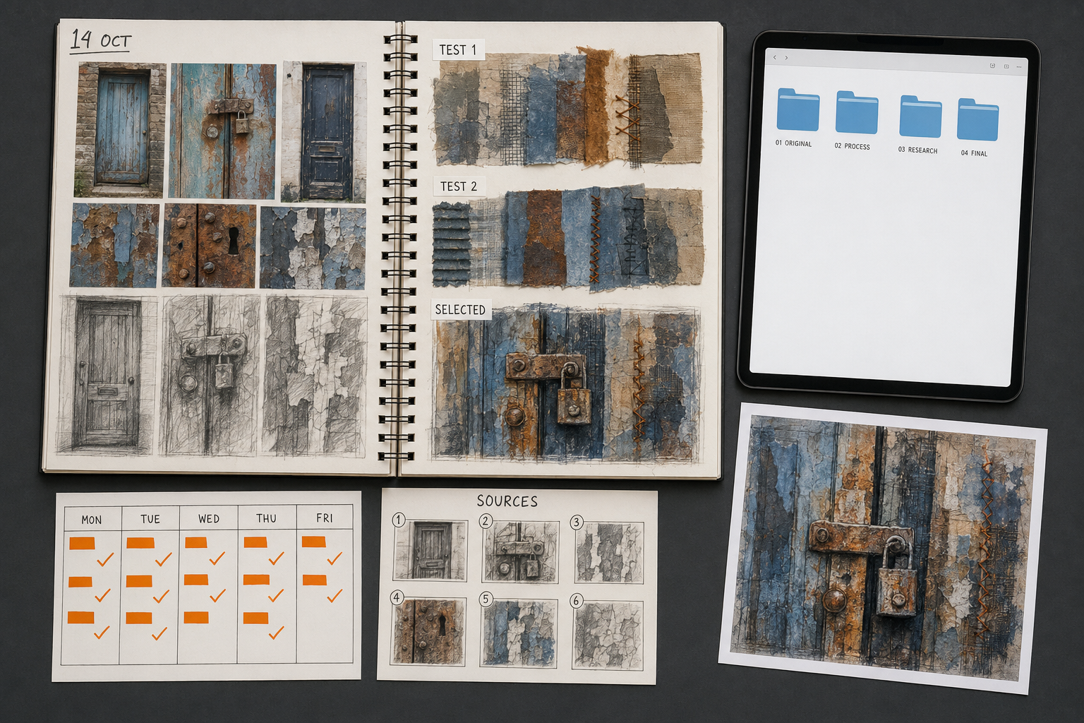 Organised GCSE Fine Art workspace showing a dated sketchbook, original photographs, labelled experiments, a weekly planner, source records, digital folders and a photographed resolved artwork.