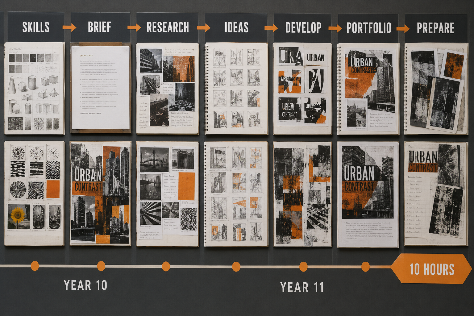 GCSE Graphic Communication course journey showing skills workshops, original research, designer investigation, thumbnail ideas, typography and image experiments, refinement, a portfolio response and externally set assignment preparation.