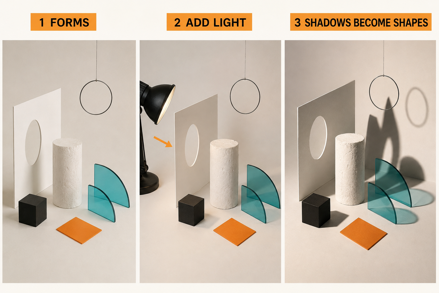 Handmade geometric planes, solids and translucent forms arranged so that cast shadows become additional shapes.