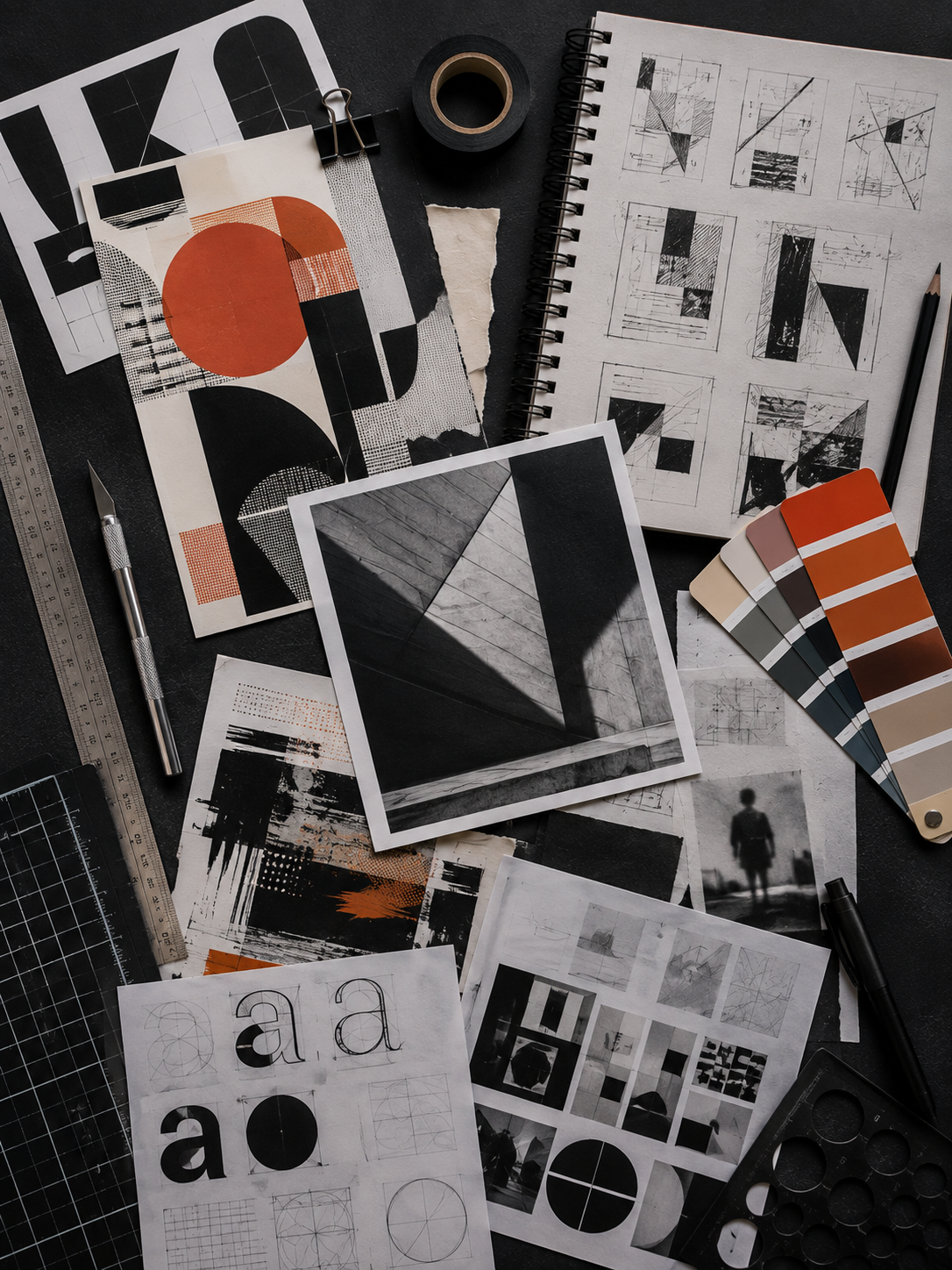 Graphic Communication design workspace showing typography studies, layout sketches, colour swatches, composition development and visual communication ideas.