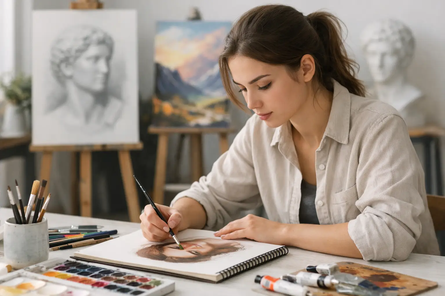 A Level Art student developing a portrait study in a sketchbook beside drawing tools and displayed artwork